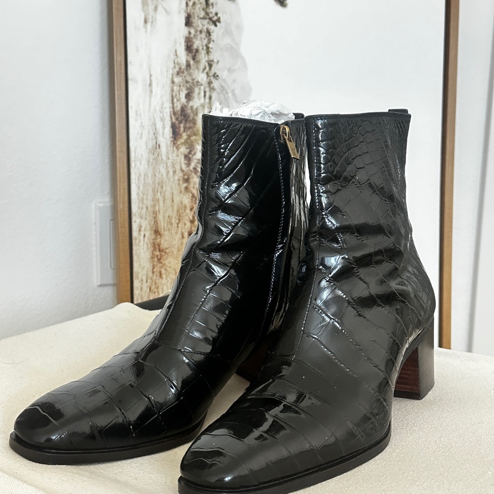 YSL Black Croc-Embossed Ankle Boots Men Exotic Leather